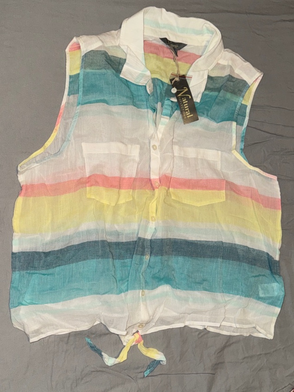 Natural Reflections Sleeveless Pastel Striped Button-Front Tank with Tie Hem